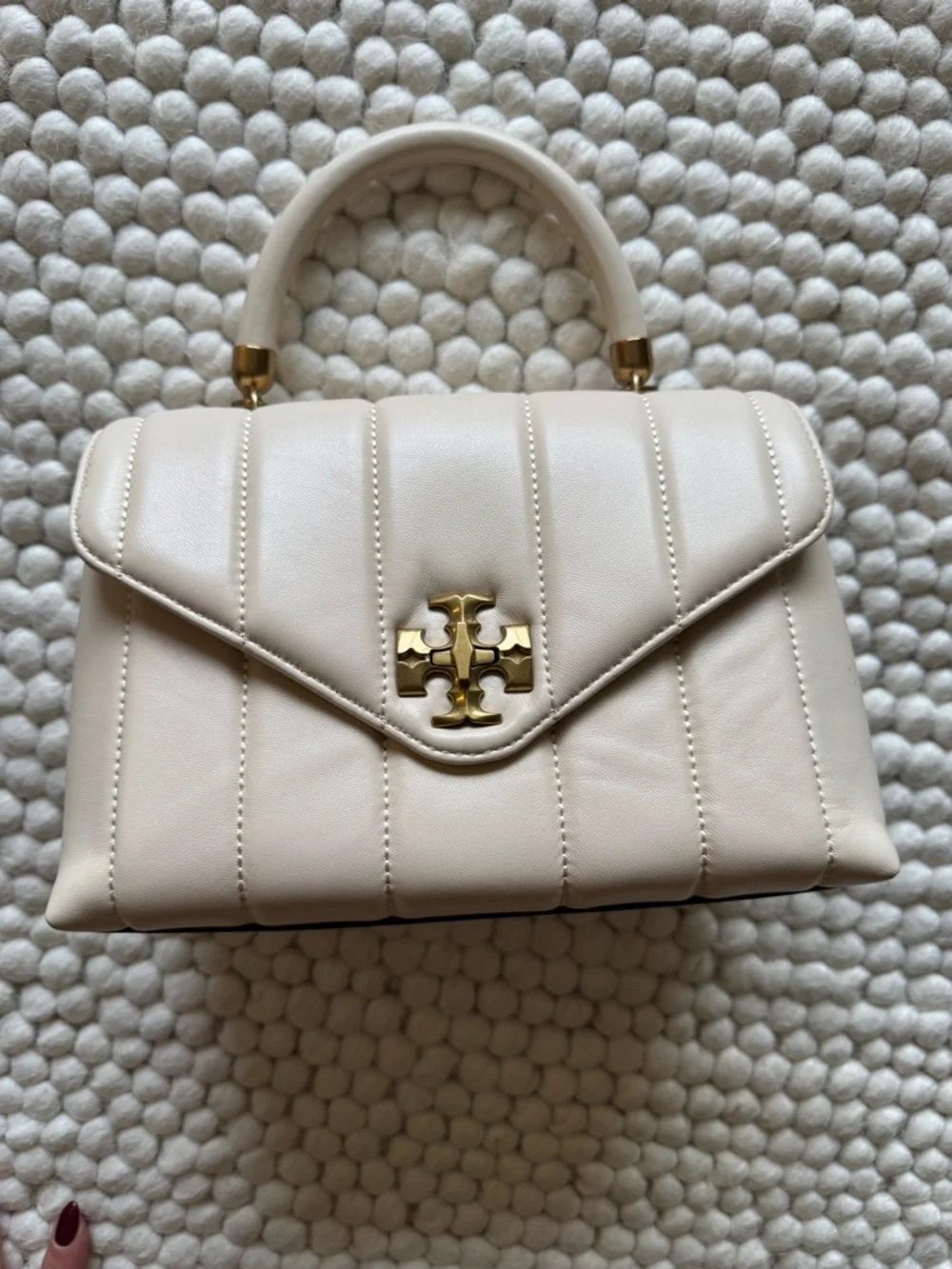 Tory Burch Cream Quilted Top-Handle Satchel with Gold Logo